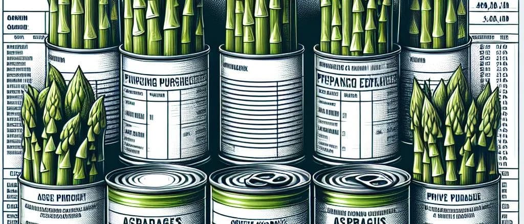 Varieties of canned green asparagus on different backgrounds with packaging options