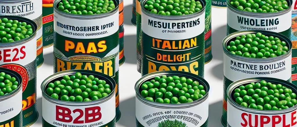 varied canned green pea products on a wooden background
