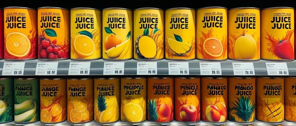 canned juice assortment with vibrant packaging