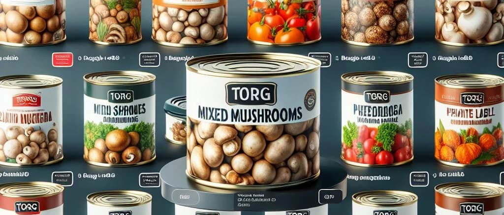 Canned mixed mushrooms with assorted packaging on neutral background