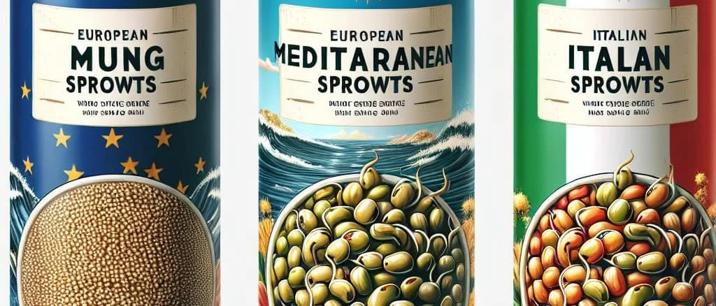 Canned mung bean sprouts in various packaging with vibrant backgrounds