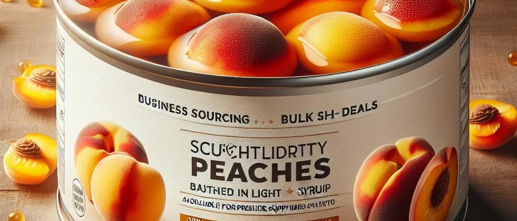 Canned peach in light syrup with varied packaging on a wooden kitchen table