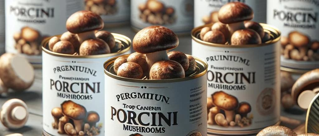 Canned porcini mushrooms in various packaging on a rustic wooden background