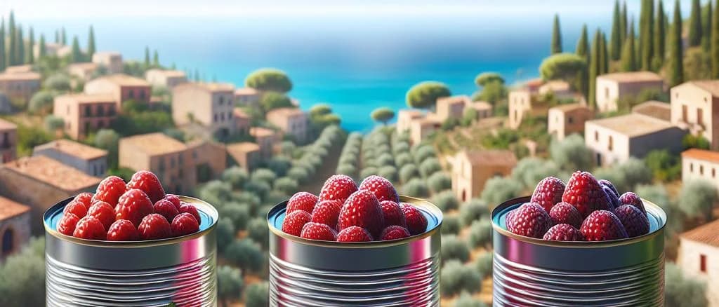 premium canned raspberries with different packaging on a wooden table