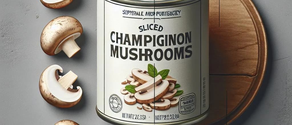 Variety of canned sliced champignon mushrooms with different packaging options
