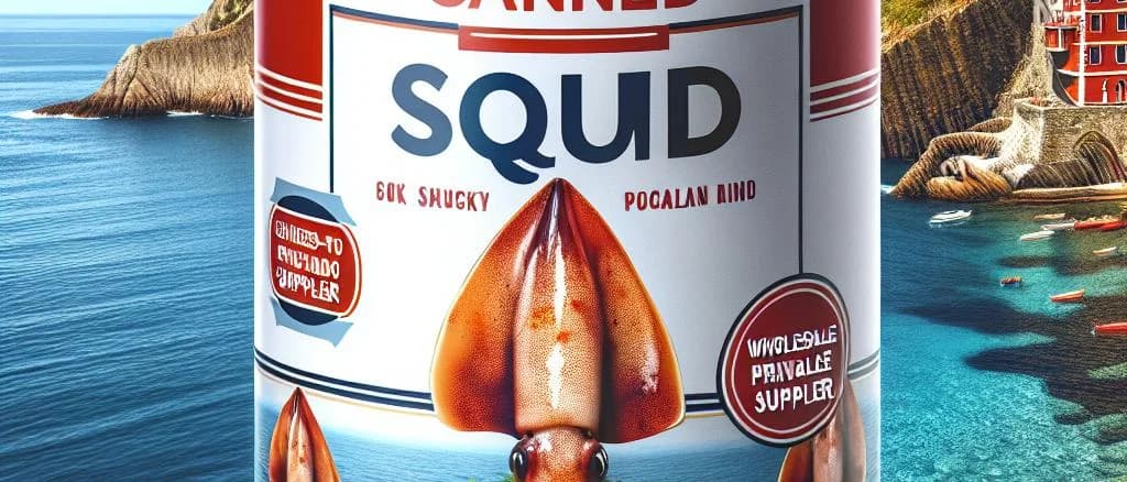 assorted canned squid products with various packaging styles