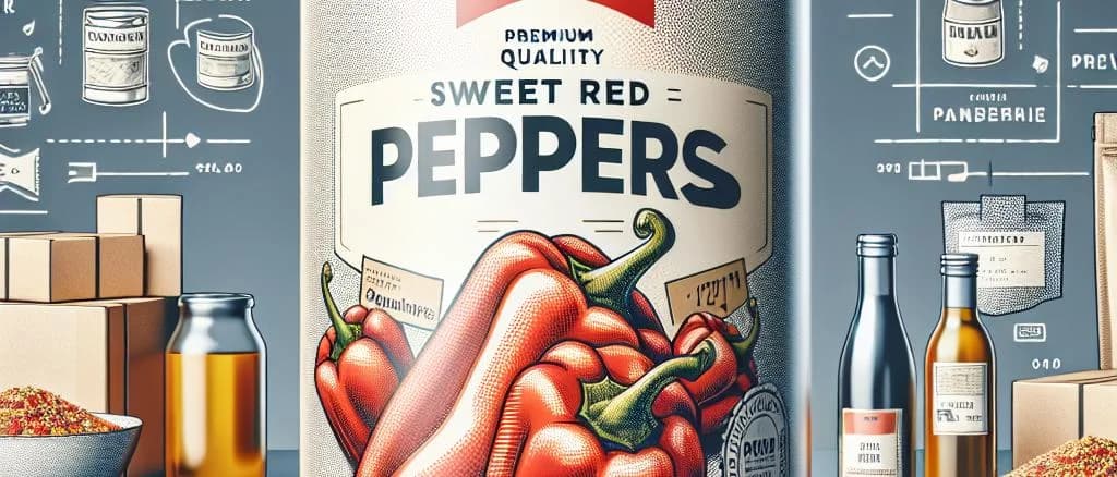 canned sweet red peppers in various packaging options on a rustic kitchen background