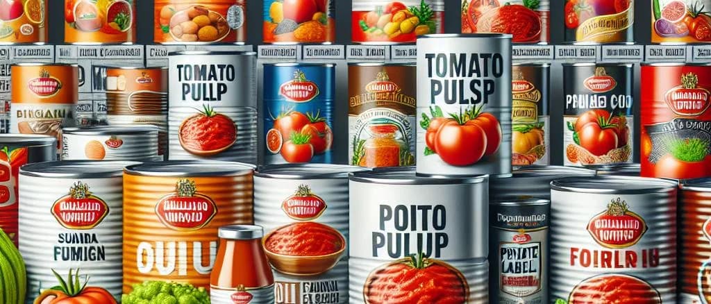 Canned tomato pulp variations on a wooden background with rustic kitchen tools