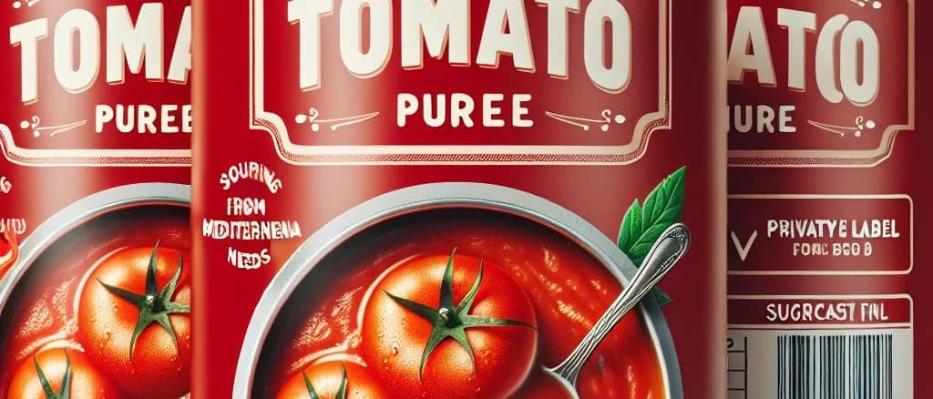 Canned Tomato Puree variations with different packaging and backgrounds