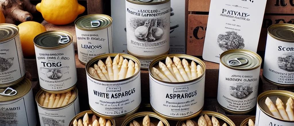 canned white asparagus variations on wooden table