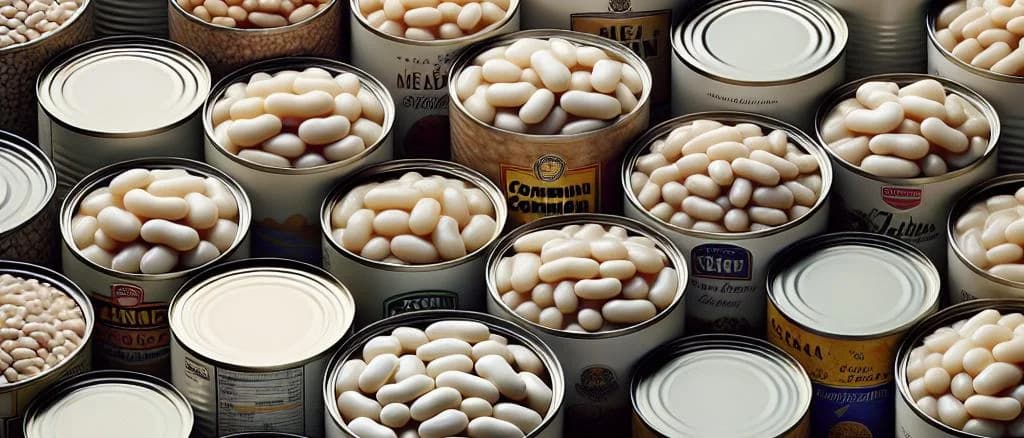 Canned White Common Beans in Various Packaging Options on a Wooden Background