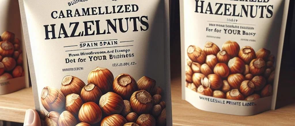 assorted caramelized hazelnuts in various packaging on a rustic background