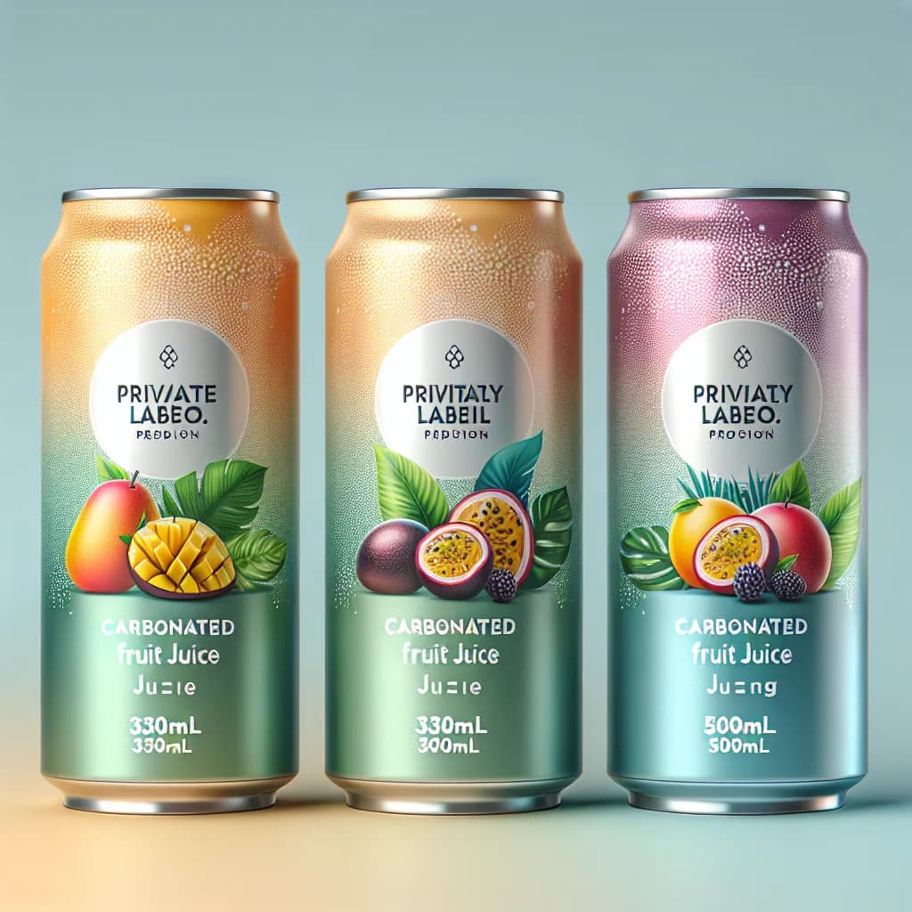 Colorful carbonated fruit juice drinks in sleek cans with varied tropical fruit designs on a minimalist backdrop