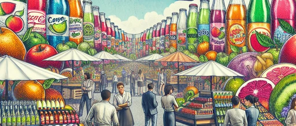 Carbonated fruit soft drinks with sugar featuring 10-50% fruit juice in various packaging on a vibrant background.