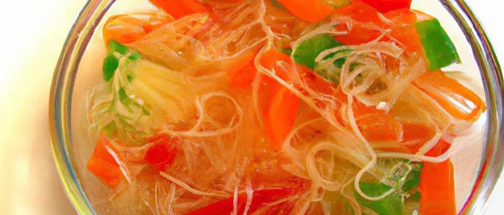 Variations of packaged Cellophane Noodles with ingredients on a wooden background