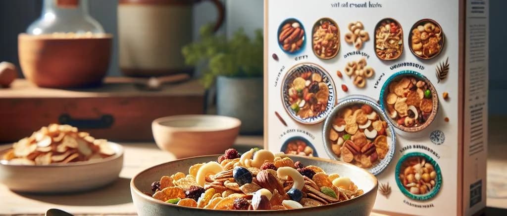 Cereal clusters with nuts on wooden table, showcasing variations in packaging