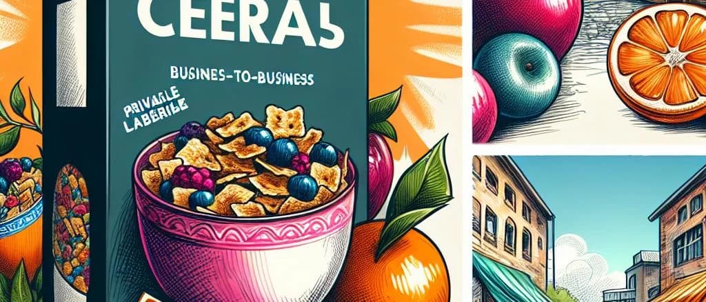 Assorted cereal flakes with fruits in various packaging against a vibrant background