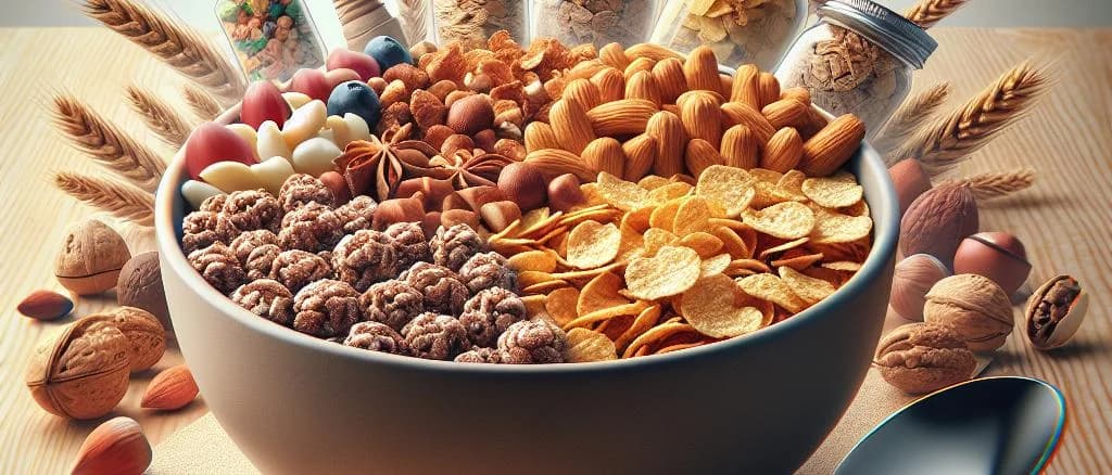 selection of cereal flakes with nuts in various packaging