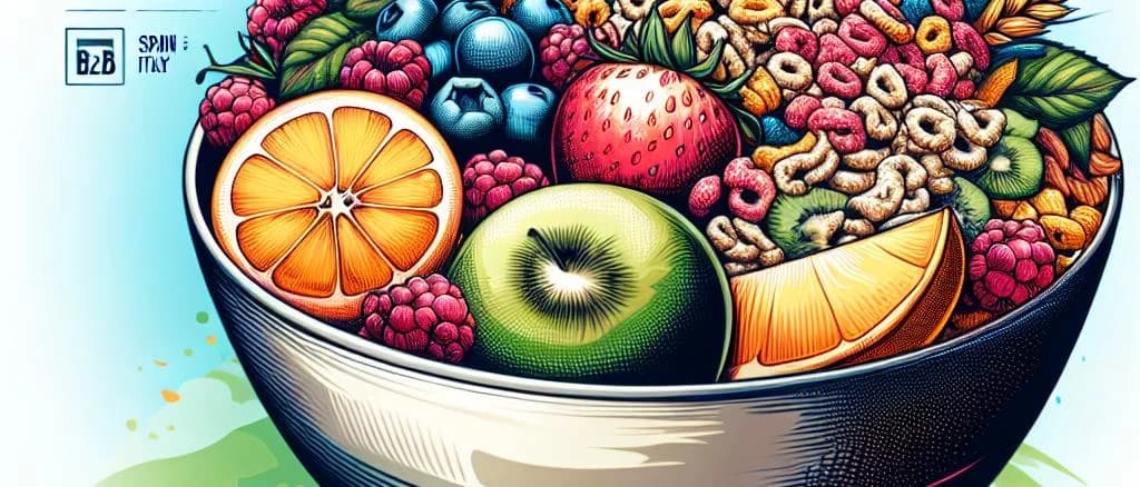 Assorted cereals with fruits in vibrant packaging, showcasing different variations and background elements