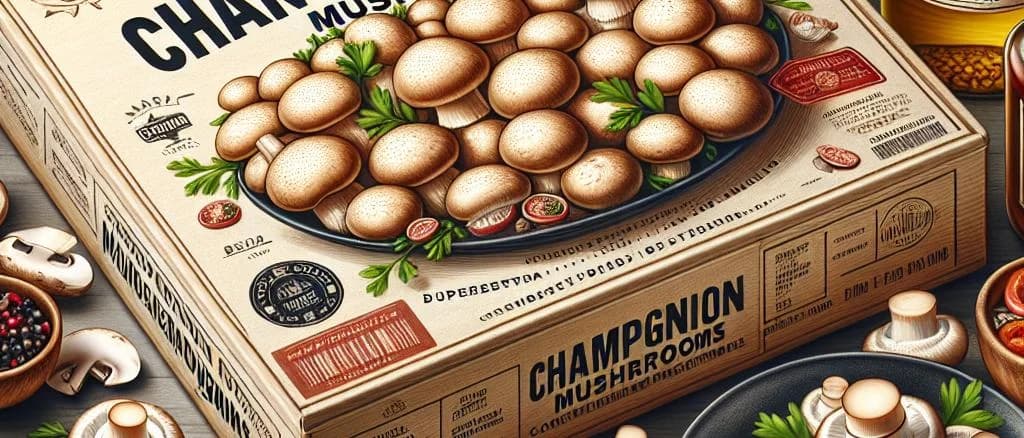 Variety of packaged Champignon Mushrooms in different settings