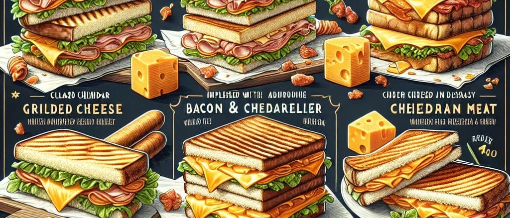 variety of cheddar sandwiches on wooden board