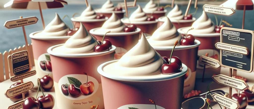cherry soy yogurt packaging variations with vibrant cherries and soybeans