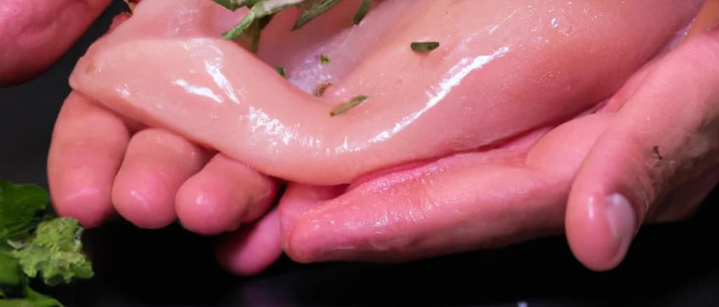 raw chicken breast without skin on butcher paper with knife and herbs