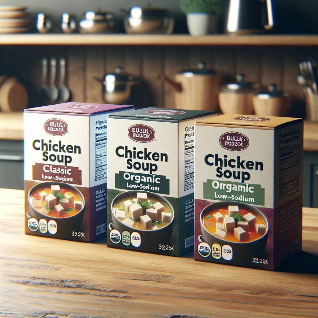 various chicken soup cubes in colorful packaging on a wooden countertop with a neutral kitchen background