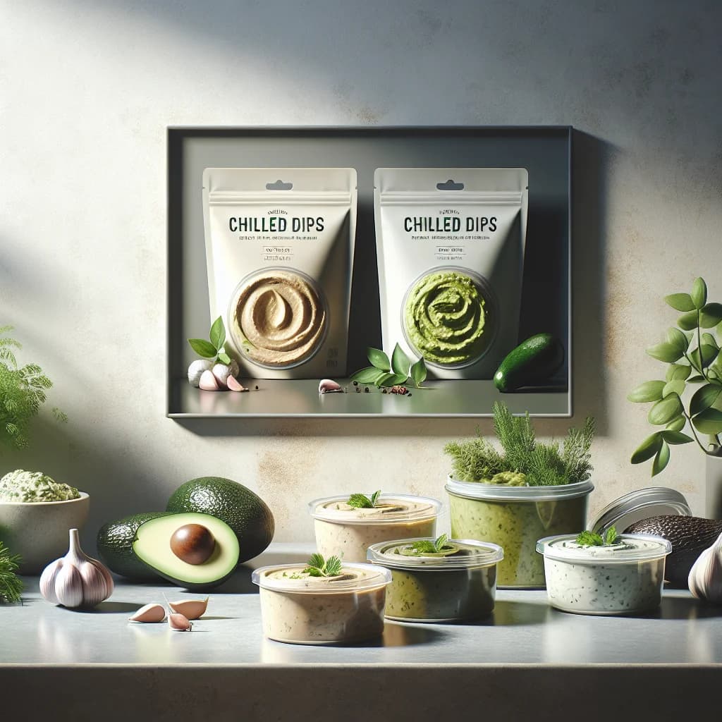variety of chilled dips in sleek packaging with fresh ingredients and a neutral background