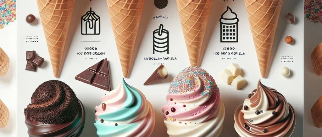 chocolate vanilla ice cream cones with varied toppings and packaging