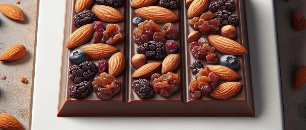 Assorted chocolate bars with dried fruits on wooden table