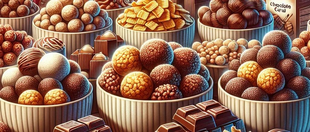 Assorted chocolate cereal balls with varied packaging designs set against a modern background