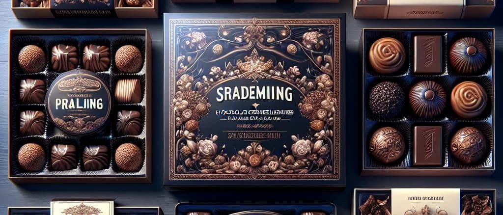 chocolate praline confections with various fillings on a decorative display