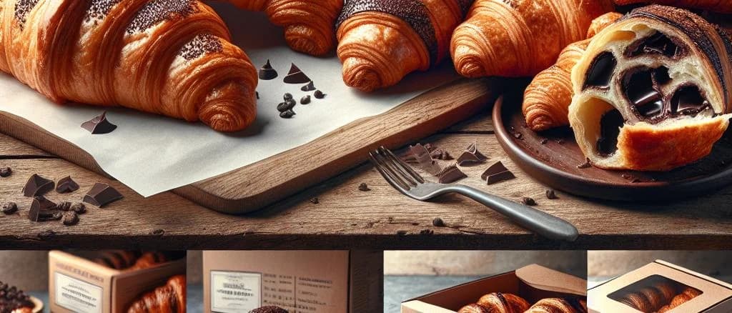 Assorted chocolate croissants in different packaging styles on a deli countertop.
