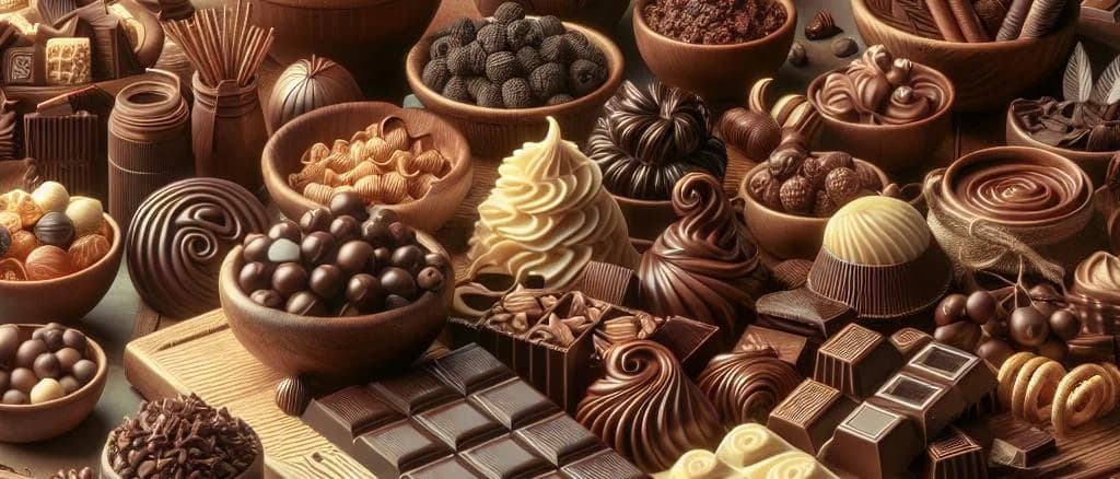 Various chocolate decorations on a wooden background showcasing assortment and vibrant designs