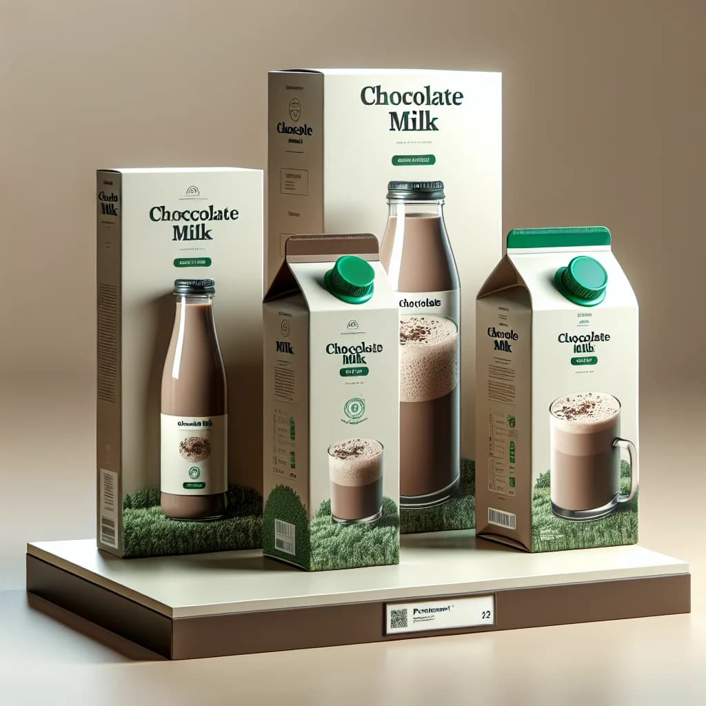 chocolate flavored milk in various packaging options on a neutral background