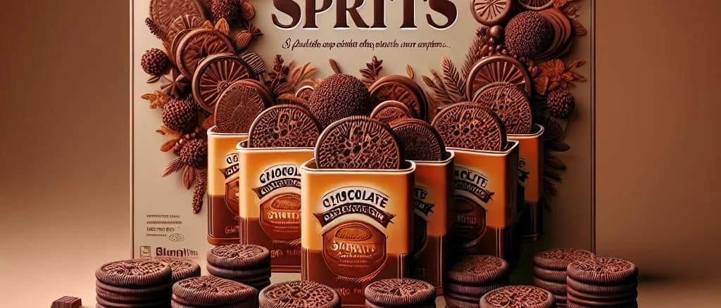 Assorted chocolate spritz biscuits with various toppings on a rustic wooden table