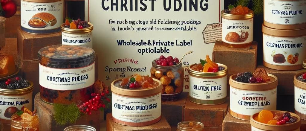 festive Christmas puddings on wooden table with traditional and modern packaging
