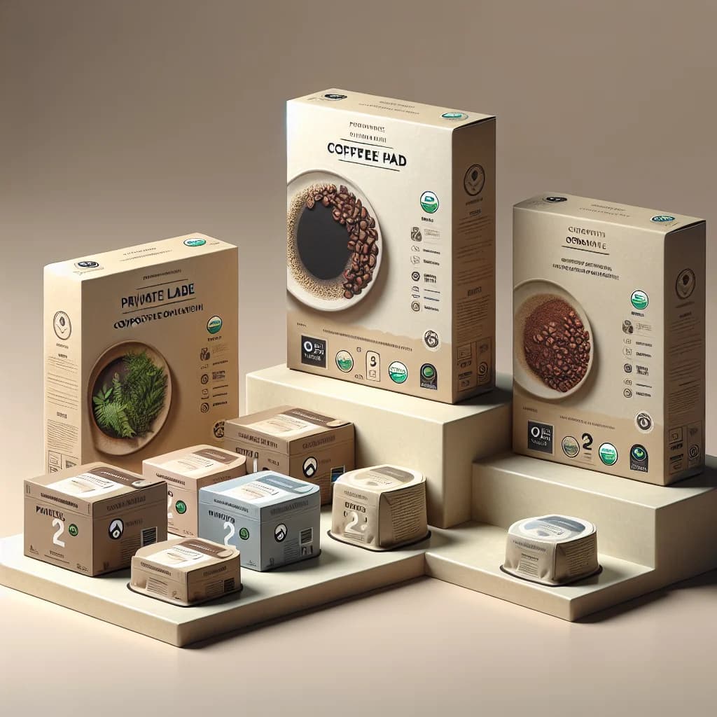 assorted coffee pads in vibrant packaging with eco-friendly labels on a neutral background