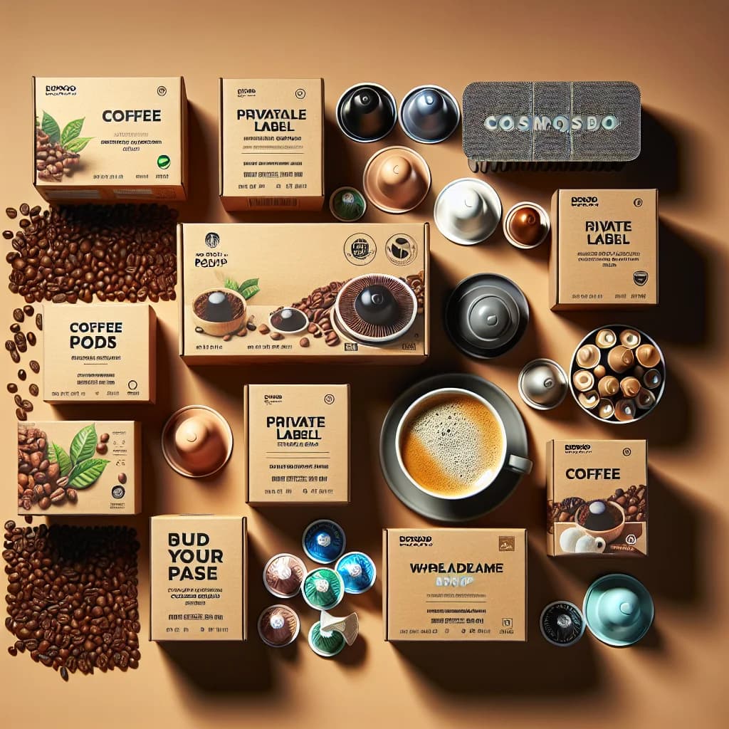 coffee pods displayed in different packaging types, including bulk options, on a wooden counter with a neutral background