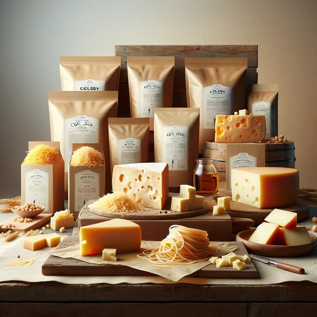 Colby Jack Cheese assortment on a rustic wooden board with packaging options for bulk and private label sourcing