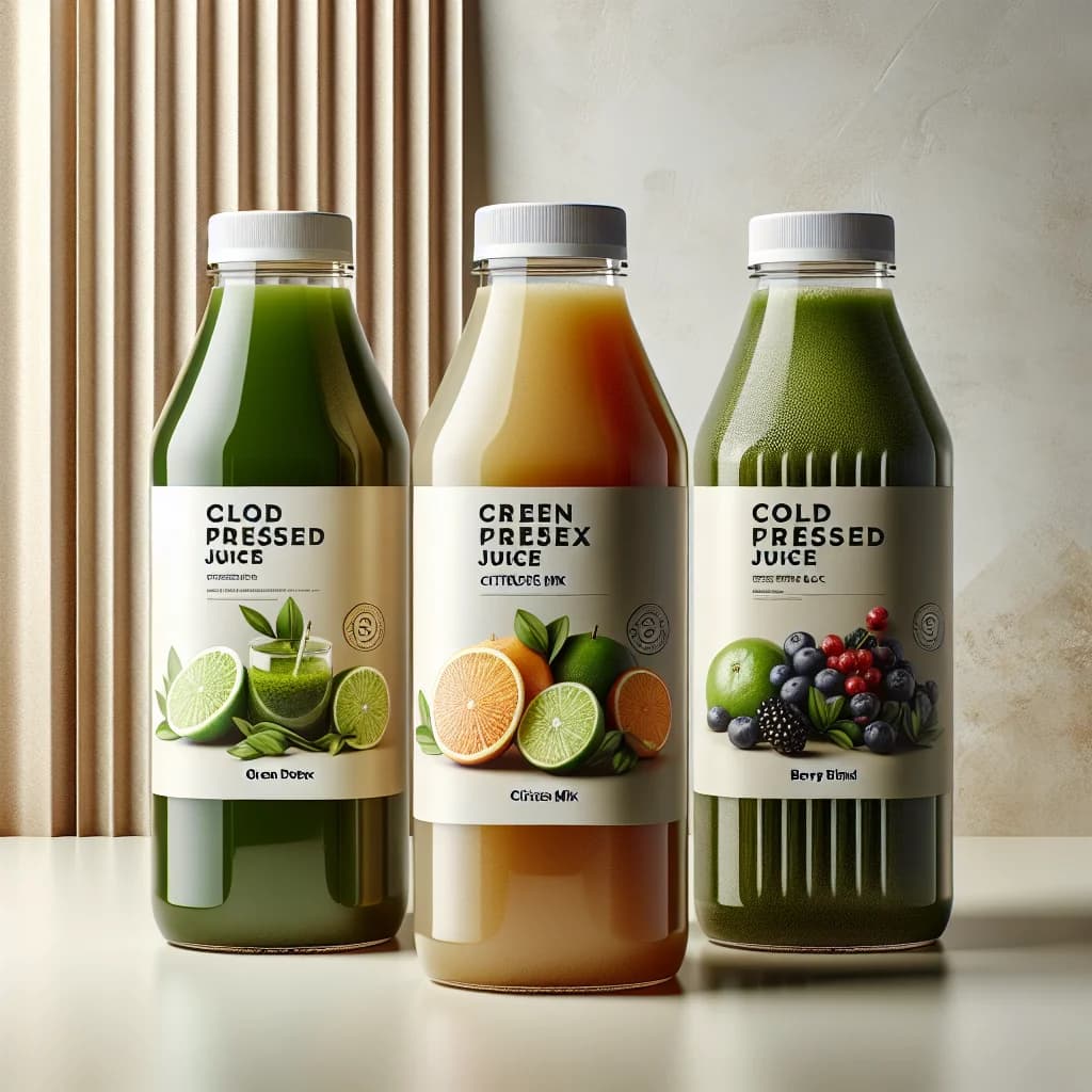 assorted cold pressed juice bottles in various flavors with vibrant colors on a minimalistic background