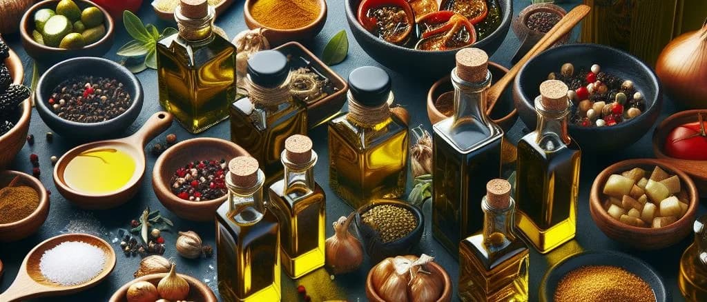 Various condiments in glass jars with colorful labels on a wooden table, including ketchup, mustard, and hot sauce