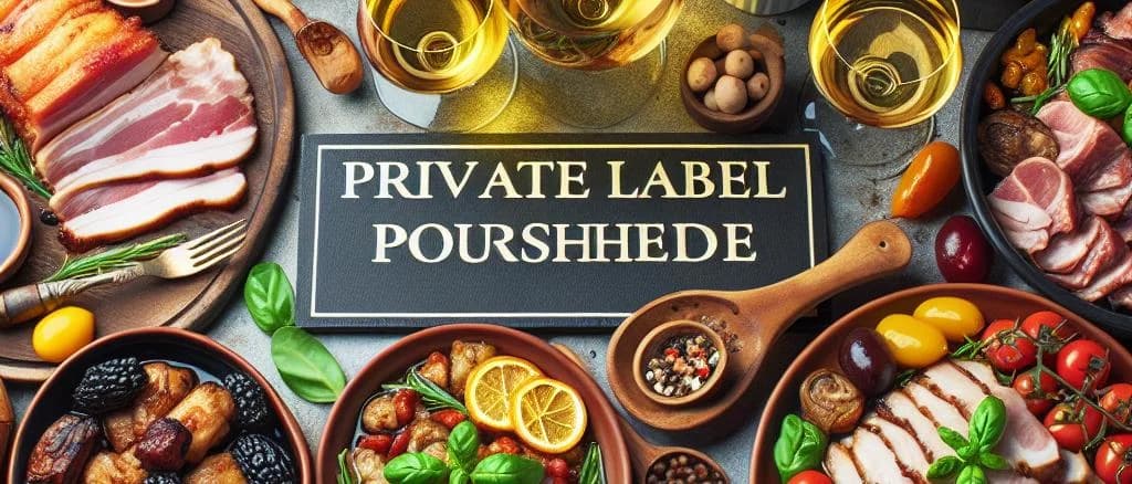 Cooked pork shoulder variations in gourmet packaging on rustic wooden background