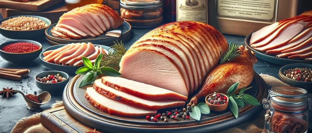 Cooked turkey breast slices with varied packaging against a neutral background