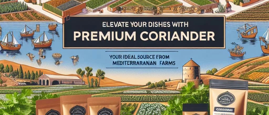 Various coriander products such as seeds, powder, and dried leaves with different packaging on a neutral background