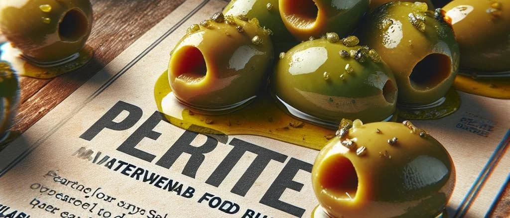 Various cracked marinated green olives in different packaging styles on a wooden background