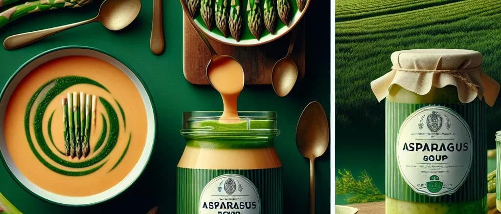 Cream Of Asparagus Soups in various packaging options on a wooden kitchen counter