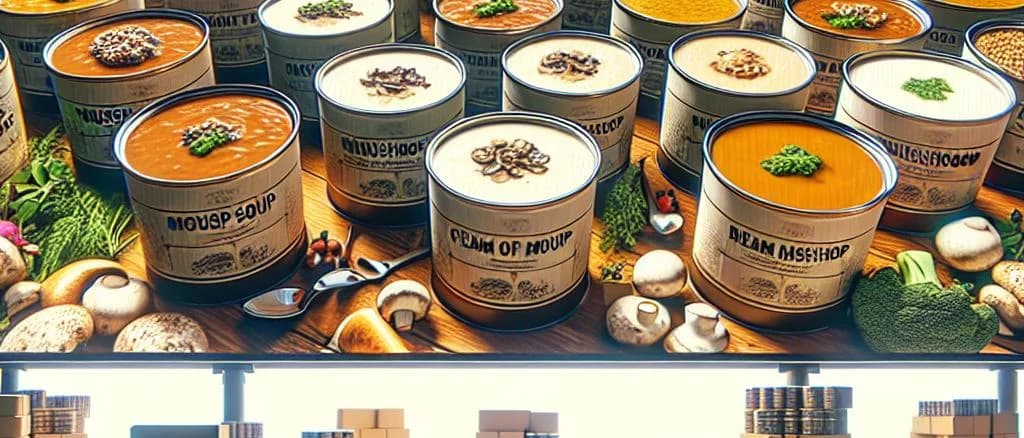 Assorted cream of mushroom soup packaging on rustic kitchen table
