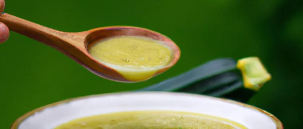 Three variations of cream of zucchini soup in different packaging on a wooden table